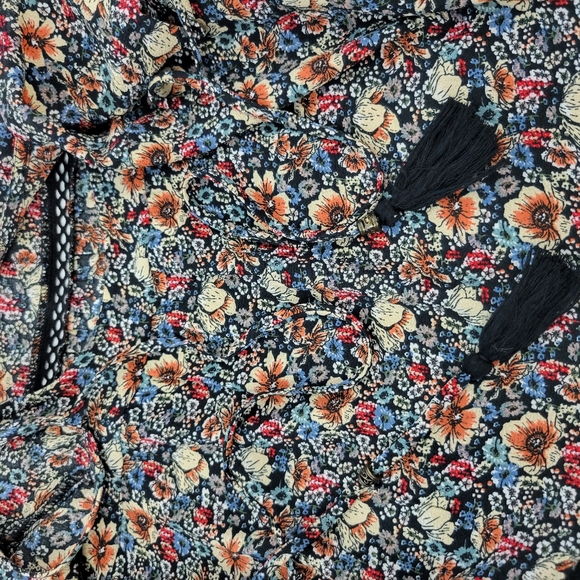 Knox Rose Womens Blouse Large Floral Peasant Long Sleeve Back Tassel Tie Neck - Picture 8 of 15